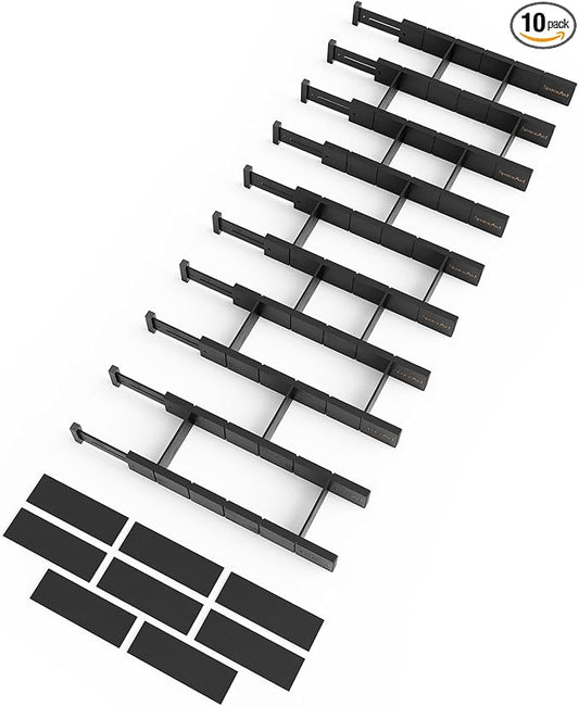 SpaceAid Bamboo Drawer Dividers with Inserts and Labels, Kitchen Adjustable Drawer Organizers, Expandable Organization for Home, Office, Dressers, 10 Dividers with 24 Inserts (17"-22" Black)