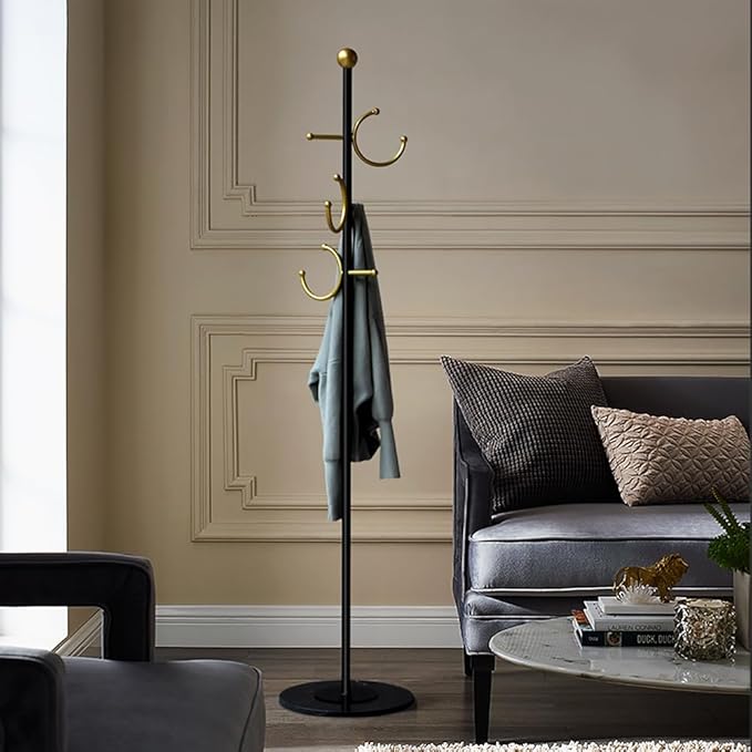 BUZUYE Modern Coat rack with marble base,Coat rack freestanding heavy duty with gold hooks,Entryway coat rack stand Coat Tree freestanding coat hanger stand for Hanging Clothes, Hats, Bags