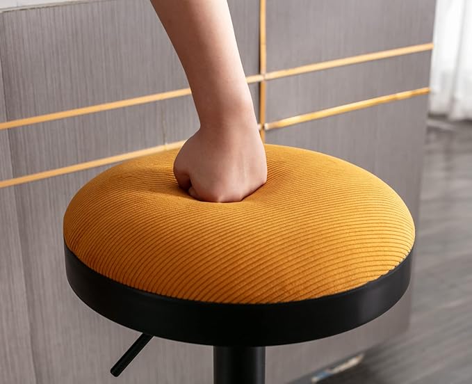 Round Swivel Counter Height Bar Stools Set of 2 Modern Adjustable Barstools Backless Corduroy Bar Chairs Industrial Island Chairs with Metal Base/Footrest for Kitchen Island/Pub/Bar, Yellow