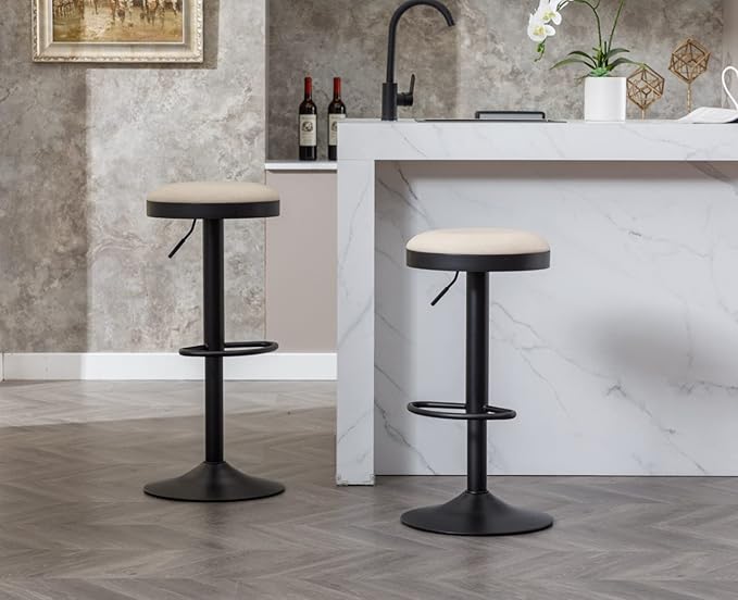 Round Swivel Counter Height Bar Stools Set of 1 Modern Adjustable Barstools Backless PU Leather Bar Chairs Industrial Island Chairs with Metal Base/Footrest for Kitchen Island/Pub, Beige