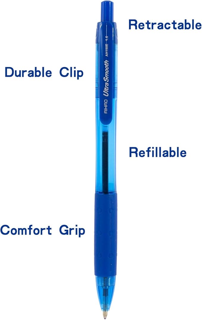 AIHAO Retractable Ballpoint Pens, Blue Ink, 24 Pack – 1.0mm Medium Point, Ultra-Smooth Ink, Comfortable Grip, Ideal for Journaling, Note Taking & Planners