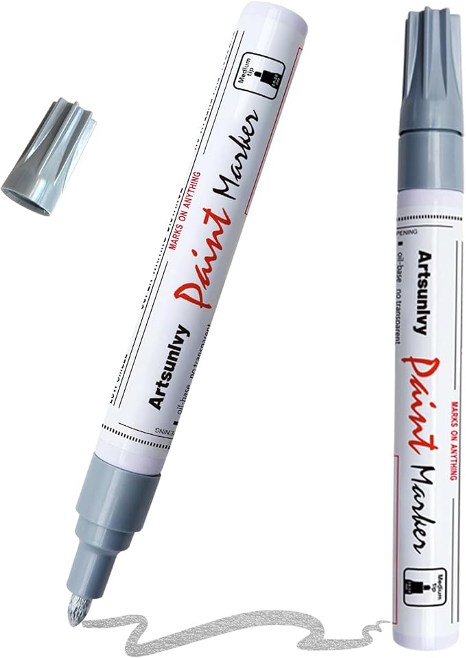 Silver Paint Pens Paint Markers - 2 Pack Oil-Based Permanent Markers Medium Point,Waterproof Quick Dry Paint Pens for Metal,Rock,Wood,Fabric,Plastic,Canvas,Glass