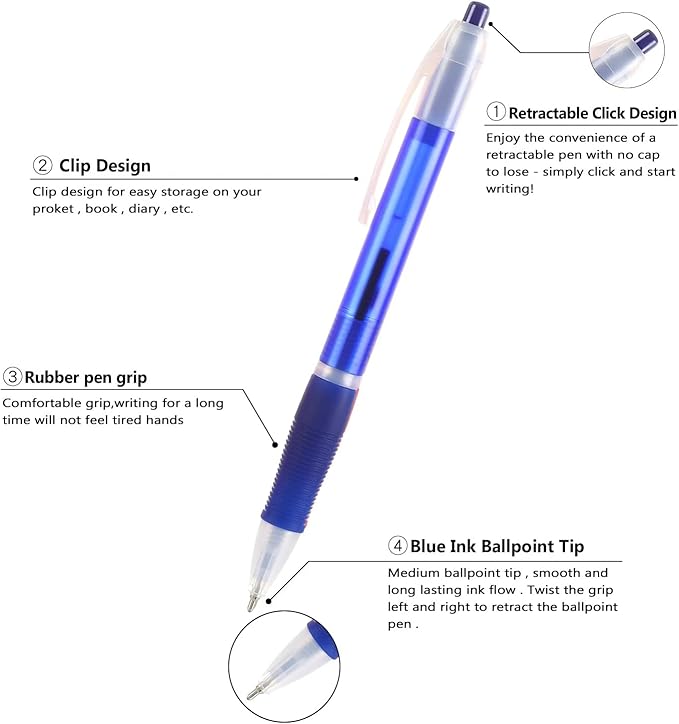 Aozora Retractable Pens Ballpoint Super Smooth Writing Pens Bulk 100 pack Medium Point 1.0mm No Bleed Click Pens with Soft Grip Blue Ink