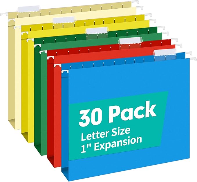 HERKKA Extra Capacity Hanging File Folders, 30 Pack Reinforced Letter Size Hanging Folders with Heavy Duty 1 Inch Expansion, Designed for Bulky Files, Medical Charts, Assorted Colors