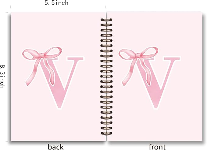 Coquette Trendy Preppy Pink Bow Spiral Notebook,Initial V Journal Personalized Teen Girl Gifts,Monogrammed Gifts for Women Teen Girl,College Ruled Hardcover Spiral Notebook 5.5 x 8.3