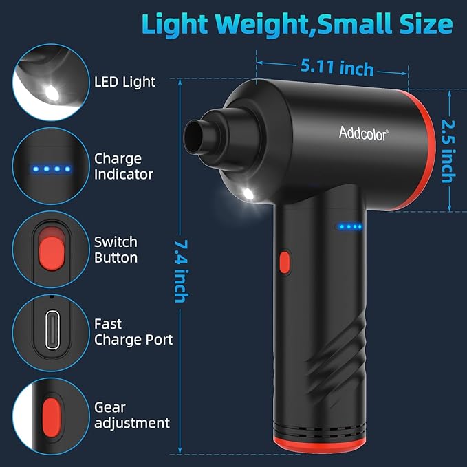 Compressed Air Duster 6000mAh Battery - Electric Air Duster Addcolor AD-38 Keyboard Cleaner for Office-3 Adjustable Wind Speeds with LED Light, Cordless & Reusable Canned Air Duster for Computers