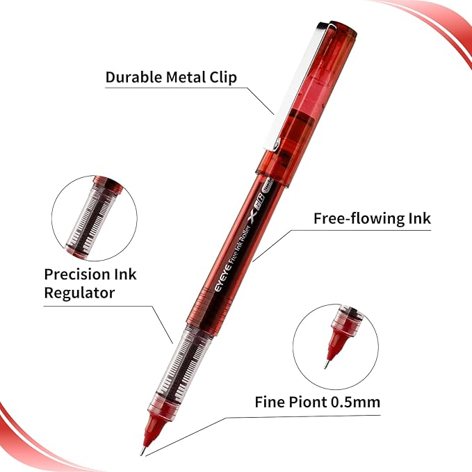 EYEYE 16 Packs Red Rollerball Pens, Liquid Ink Quick Dry Gel Pen, 0.5mm Fine Needle Nib for Taking Notes Doodling, School Office Home Supplies