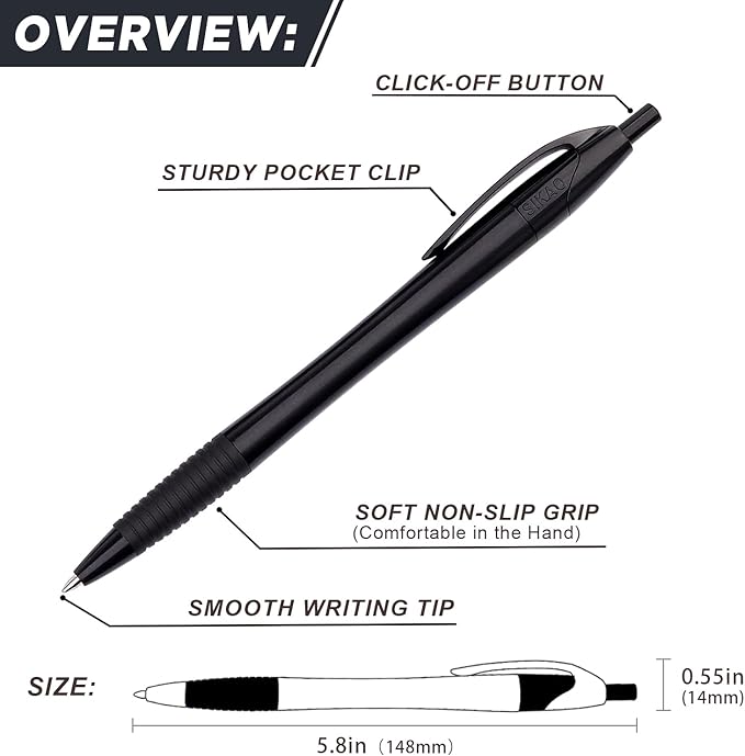 Black Pens Bulk Gripped Slimster Retractable Ballpoint Pen Medium Point Black ink Smooth Writing Pens for Journaling (60Pack)