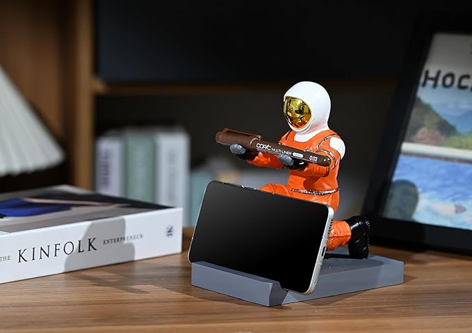 Astronaut Resin Pen Holder, Mobile Phone Stand, Device Stand, Desk Organizer Decorative Pen Holder (Orange&Golden)