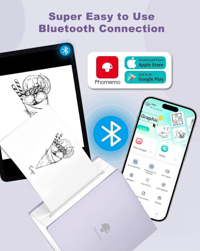 Phomemo Sticker Printer- Mini Thermal Sticker Printer Machine, Small Pocket Label Maker Instant Print for DIY Creation, Study Notes, Photos, Portable Inkless Photo Maker for Kids/Students, Purple