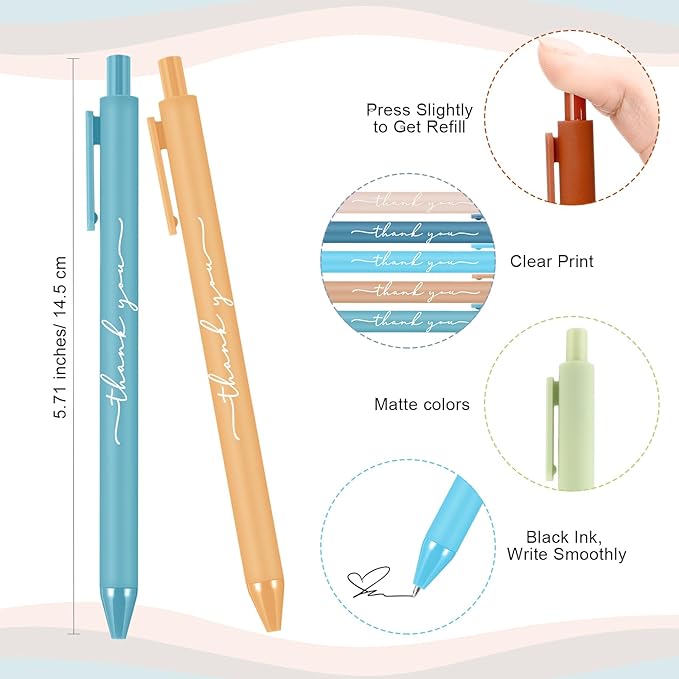 50pcs Thank You Pens Bulk Cute Multicolor Ballpoint Pen for Men Women Server Accessories Employee Holiday Appreciation Gifts for Teacher Office Back to School Party Favor (Morandi)