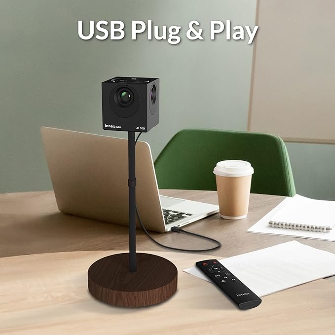 Innex Cube 4K 360 Degree Video Conference Camera with Multiple AI Modes, Dual Omnidirectional Mics, Remote, Plug and Play Conference Room Webcam for Zoom, Microsoft Teams, Open Space, Meeting Room