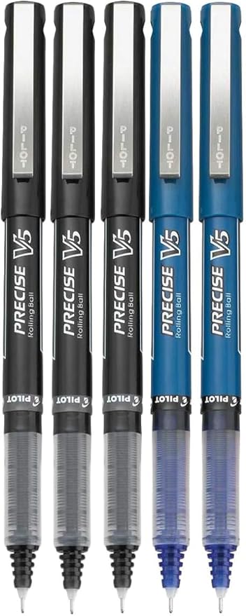 Precise V5 Stick Rolling Ball Pens, Extra Fine Point (.5mm), Assorted Colors Black/Blue Ink, 5-pk; Bundle with Plastic Reusable Pouch