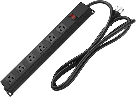 Metal Wall Mount Power Strip, Mountable Power Outlet with 6 AC Outlets, Aluminum Alloy Mount Power Socket with Switch, 6 FT SJT 3/C 14AWG Power Cord, 15A 125V 1875W (6AC) Black