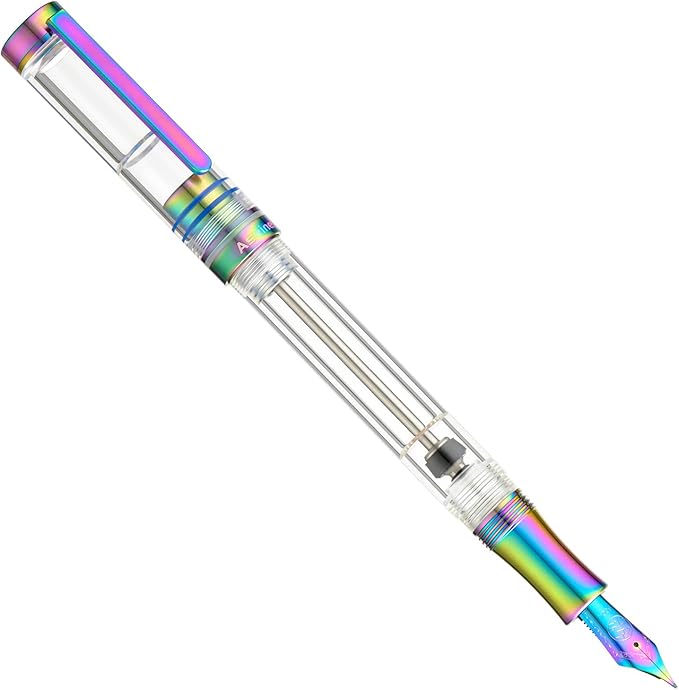 Asvine V200 Titanium Fountain Pen Vacuum Filling, Rainbow Iridium Extra Fine Nib Clear Demonstrator Acrylic with Pen Case and Wrench