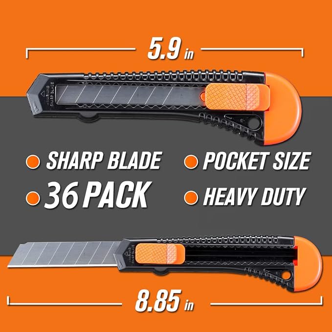 REXBETI 36 Pack Utility Knife, Retractable Box Cutter for Cartons, Cardboard and Boxes, 18mm Wider Razor Sharp Blade, Smooth Mechanism, Perfect for Office and Home use (36 Pack)