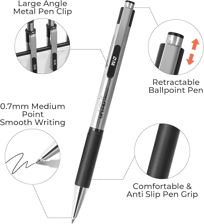M&G Ballpoint Pens, Black Ink Pens Medium Point 0.7mm, Retractable Ballpoint Pens Bulk Long Lasting Smooth Writing with Anti-Slip Grip for Journaling Office Supplies School Women Men (12 Pack)
