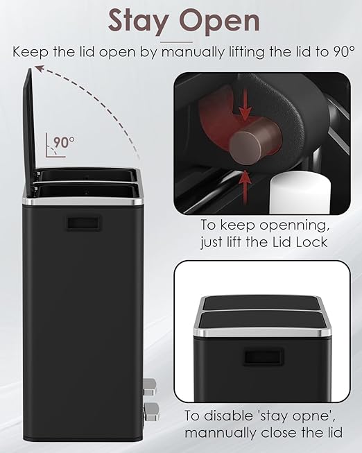 Arlopu 16 GallonStainless Steel Trash Can, 60L Dual Compartment, Metal Kitchen Step Recycle Bin, Metal Double Dustbin, in-Home Garbage Rubbish Can W/Removable Liner Buckets (Black)