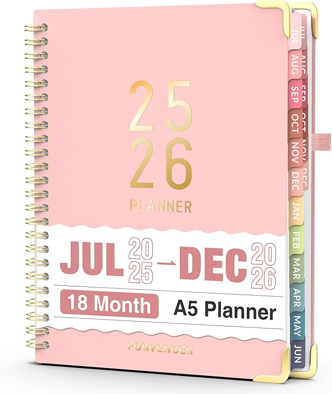 Jul 2025 - Dec 2026 Planner, Forvencer Academic Planner 2025-2026, 18 Month Daily Planner, 6" x 8", Weekly & Monthly Agenda Book, Hardcover Calendar Book, School Supplies for Student Teacher, Pink