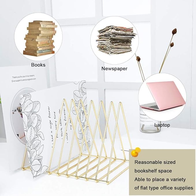 Urban Deco Triangle Desk Organizers Metal Wire Magazine Holder 10 Sections Decorative File Folder Organizer Vinyl Record Storage Office File Organizer For Desk - Gold Magazine File Holder