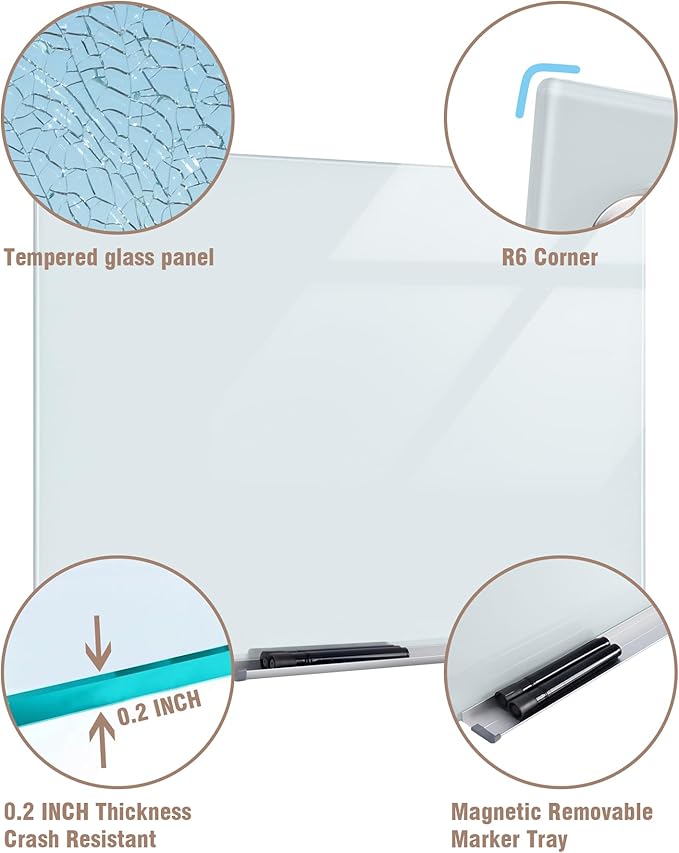 Magnetic Glass Whiteboard，96"x48" Wall Mounted Frameless Dry Erase Board for Office, Home & School White