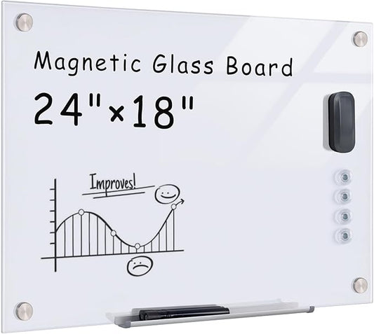 Magnetic Glass Whiteboard，24"x18" Wall Mounted Frameless Dry Erase Board for Office, Home & School Ultra White