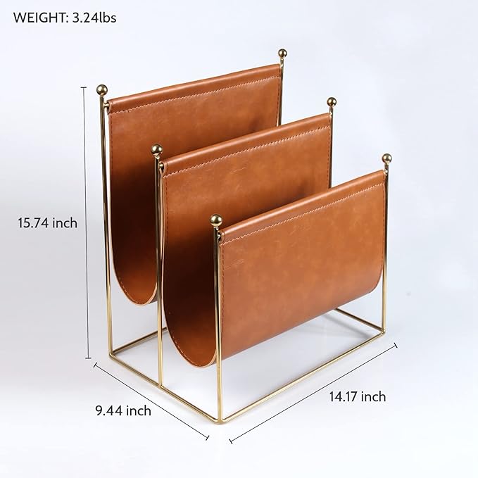 Plated Metal Wire and Leatherette Magazine Holder Rack, 2-Slot Standing Rack for Magazines, Books, Newspapers, Home Staging Decoration
