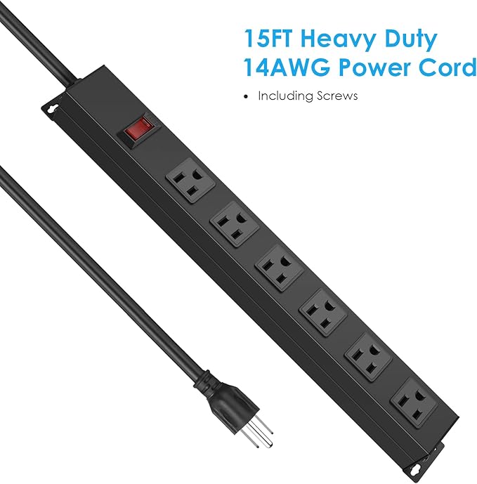 Metal Wall Mount Power Strip, Mountable Power Outlet with 6 AC Outlets, Aluminum Alloy Mount Power Socket with Switch, 15 FT SJT 3/C 14AWG Power Cord, 15A 125V 1875W (6AC) Black