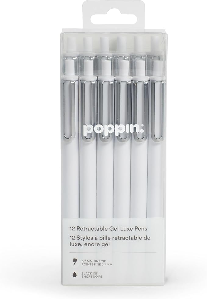 Poppin Stylish Retractable Gel Pens - Fine Point Pens with 0.7mm Tip, Smooth Writing Ink, Metal Clip, 12 Pack (White with Black Ink)