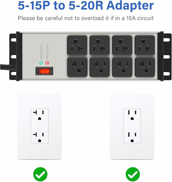 CCCEI Grey Heavy Duty Power Strip Surge Protector 20 AMP, 8 Outlets 12 Gauge Industrial Shop Garage Metal Multiple Outlets, 20 FT Extension Cord 5-15P Adapter High Amp 6-20R T-Slot 20a for Appliance