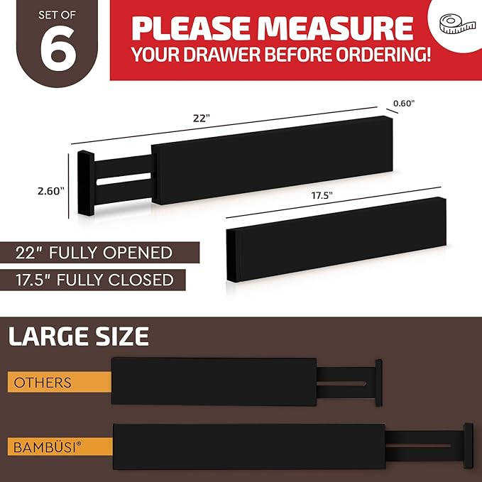Large Kitchen Drawer Organizer - Expandable Bamboo Drawer Dividers (17" - 21.5") - Adjustable Separators for Kitchen, Clothes, Dresser, Bedroom, Bathroom, and Desk Drawers - 6-Pack (Black)