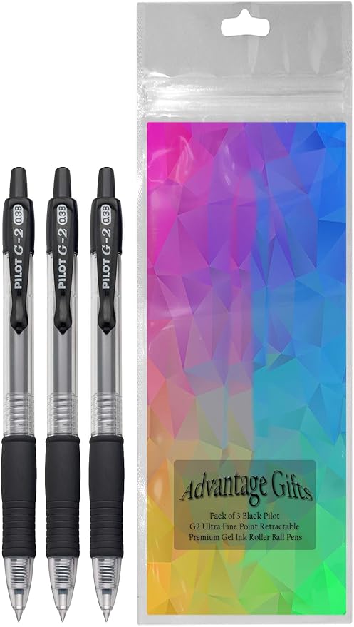 G2 Retractable Premium Gel Ink Roller Ball Pens Ultra Fine Point (.38mm) Black Ink 3 pack; Refillable & Premium Comfort Grip Bundle with Plastic Reusable Pouch
