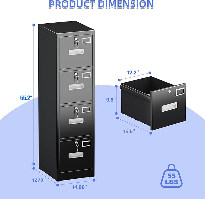 4 Drawer File Cabinet, Metal Vertical Filing Cabinet with 4 Lock,Office Home File Cabinet with Name Card Holder for A4 Letter/Legal Size, 14.96" W x 17.72" D x 55.2" H, Assembly Required(Black)