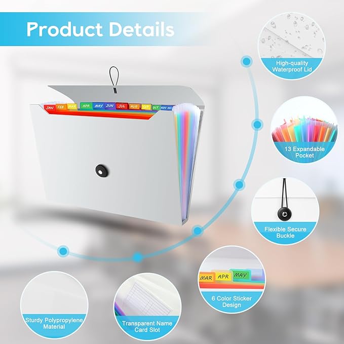 Accordion File Organizer, Expanding File Folder for Sorting Documents and Papers, 13 Pockets Receipt Organizer for Home, Travel and Office Use (White)