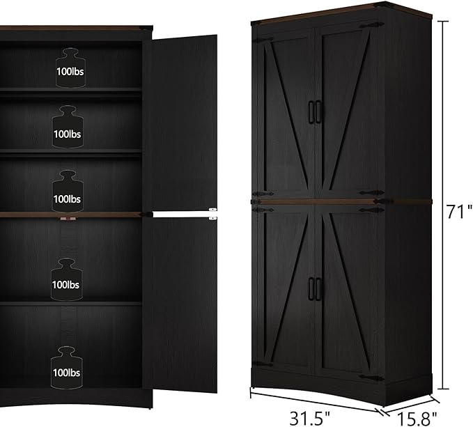71in Farmhouse Kitchen Pantry Cabinet,Tall Storage Cabinet with 4 Doors and Adjustable shelves,with Load-Bearing Steel Pipe,Wood Storage Cabinets for Kitchen,Dining Room,Bathroom(Black)
