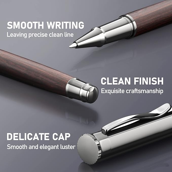WEMATE Wood Rollerball Pen Set, Extra 2 Ink Refills(1 Black & 1 Blue), Fancy Writing Pen Nice Luxury Office Gift for Men, Professional, Executive, Cool Wooden Pen for Journaling - Blackwood