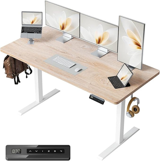 FEZIBO One-Piece Standing Desk Adjustable Height Stand up Home Office Desk, 55x24 Inch Electric Standing Computer Desk, with 4 Memory Presets, Fixable casters, Maple