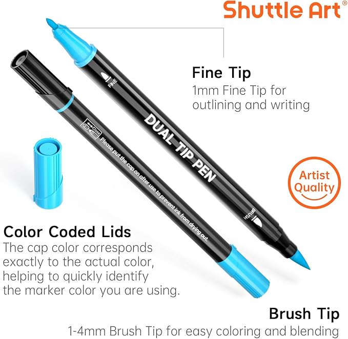 Shuttle Art Dual Tip Brush Marker Pens, 25 Colors Water-based Ink, Fine and Brush Tip Marker Set with 1 Coloring Book for Kids Adult Artist Calligraphy Hand Lettering Journal Doodling Writing