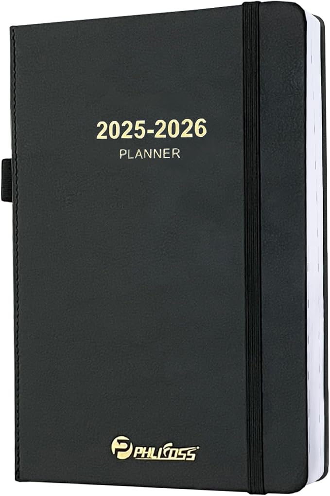 Daily Planner 2025-2026, One Page Per Day, Academic Calendar (July 2025 - June 2026), Appointment Book with Time Slots and Monthly Tabs, 5.7" x 8.25", Pocket, Leather Cove (Black)