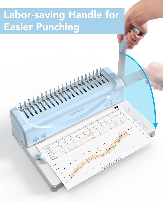 MAKEASY Binding Machine, 21-Hole, 450 Sheets, Comb Binding Machines with 1 Box Comb Bindings Spines, Comb Binder for Letter Size, A4, A5 Paper
