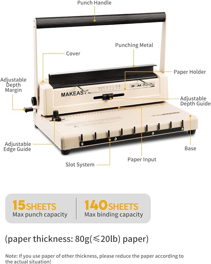 MAKEASY Binding Machine - Wire Binding Machine, 34 Hole, 15 Sheets Punch Capacity, Metal Book Maker Machine with 1 Box Wire Spines & Ring Opener