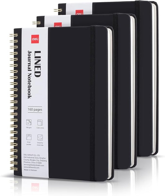 Deli 3-Pack Lined Spiral Journal Notebook Black, 160 Pages, A5 (5.5"x8") Hardcover Writing Notebook, College Ruled Spiral Bound Journal for Women & Men - Perfect for Work, School, Office & Note Taking