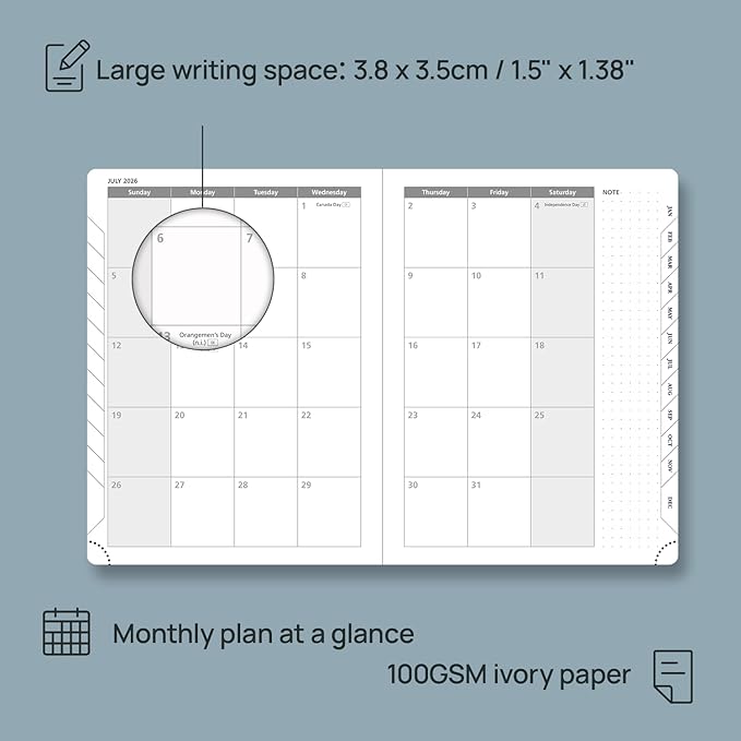 POPRUN Weekly Planner 2026 (Medium 6.5" x 8.5") Calendar 12 Months Notebook with Horizontal Layout, Leather Soft Cover, Monthly Tabs, Inner Pocket, 100GSM Thick Paper, Pen Holder - Cerulean Blue