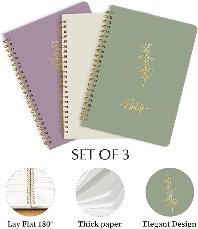 Taja Aesthetic Set of 3 Spiral Notebook for Work, A5 Cute Pretty Lined Journal for Women & Writing, College Ruled Journaling Notebooks, Perfect for School & Office Supplies - Serene Pastel
