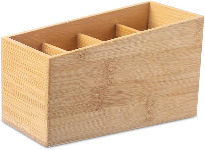 Bamboo Wood Pens Pencils Holder Cup for Desk Remote Control Holder, Caddy,Organizer,Desktop Storage with 4 Compartments,Multiuse for Store TV Remotes,Game Console,Phones,Office Supplies (4 Grid)