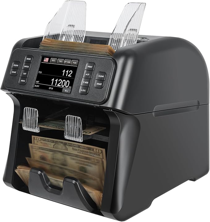 NUCOUN VS-35 Mixed Denomination Money Counter Machine,with Reject Pocket,Support USD/EUR/MXN/CAD Count,Bill Sorter,Counterfeit Detection CIS/UV/MG/IR,4'' Touch Screen,Sort&Print Enabled Cash Counter