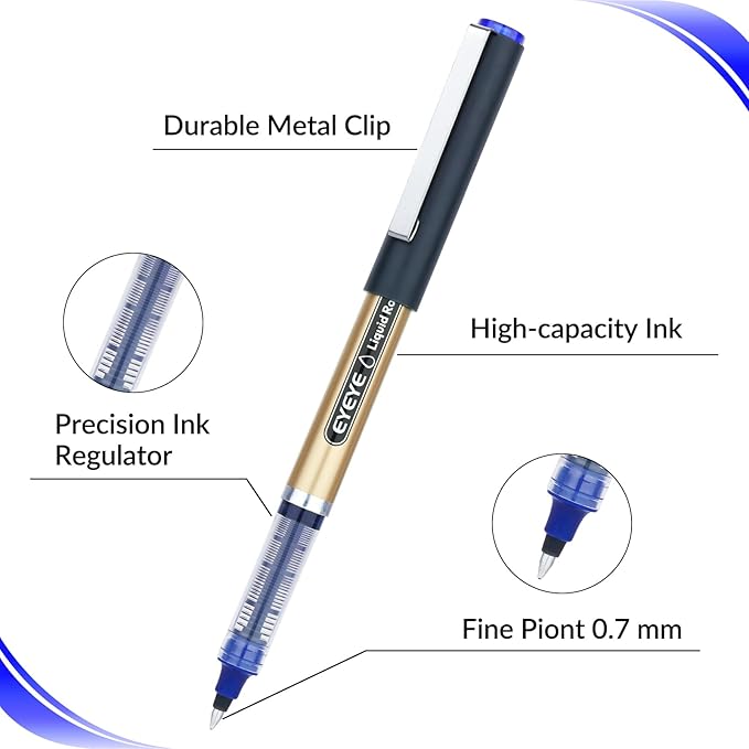 EYEYE 0.7mm Blue Rollerball Pens 12 Pack Medium Point Smooth Writing Pens, Quick Dry Liquid Ink for Journaling, Note Taking, Office & School Supplies