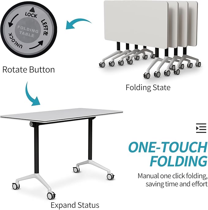 Folding Conference Table, Modern Conference Room Tables with Flip-Top Design, Foldable Conference Table Meeting Table with Wheels, Mobile Seminar Training Tables for Office Classroom (4, White 2)