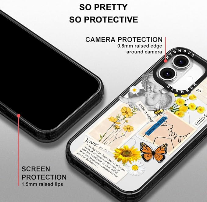 MOSNOVO Magnetic Case for iPhone 16, 10ft Military-Grade Protection, Compatible with Magsafe, Shockproof Phone Case for iPhone 16 - Vintage Collage Art - Clear Black