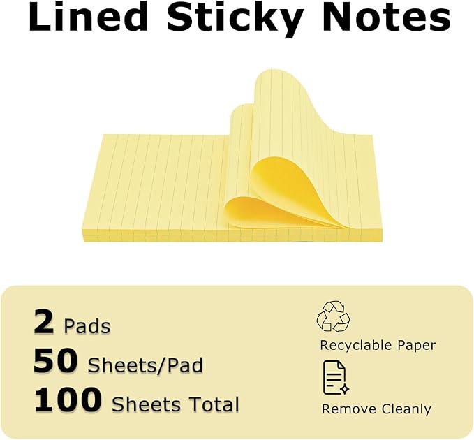 2 Pads Lined Sticky Notes 5 x 8 in, Pastel Yellow, Large Sticky Notes with Lines, Yellow Sticky Note Pads for Home, Office, School, 50 Sheets/Pad, 100 Sheets Total, 4A 5082-Y-L